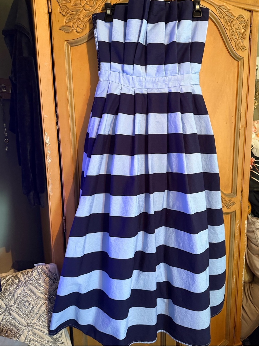 entro Navy and Light Blue Striped Strapless nautical wedding guest Midi Dress - Picture 3 of 11